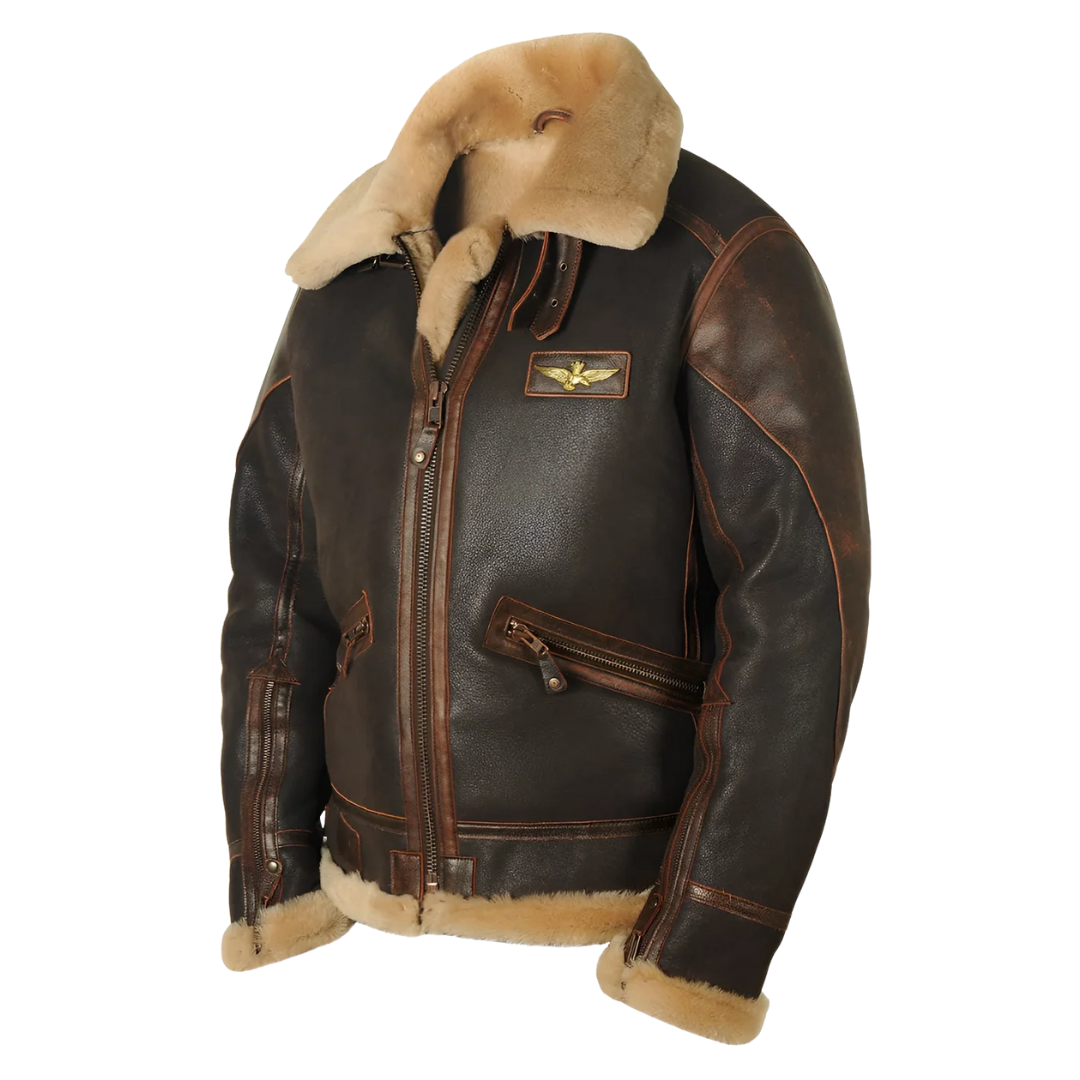 PIOTR | MĘSKA KURTKA SKÓRZANA PILOTKA Z KOŁNIERZEM FUTRZANYM